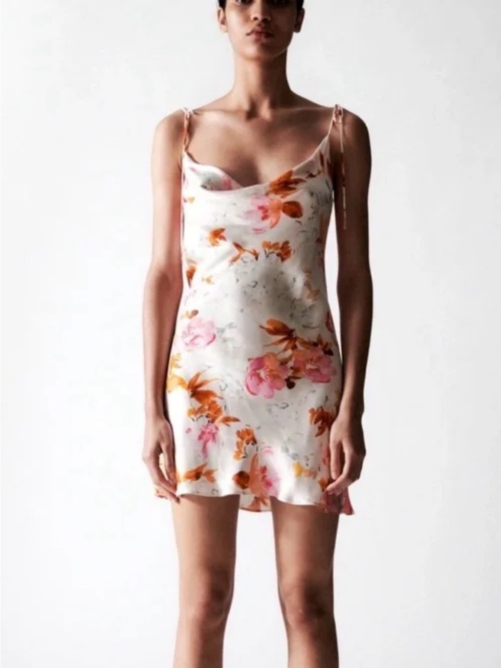 Zara White Slip Dress with Pink & Orange Floral Print
